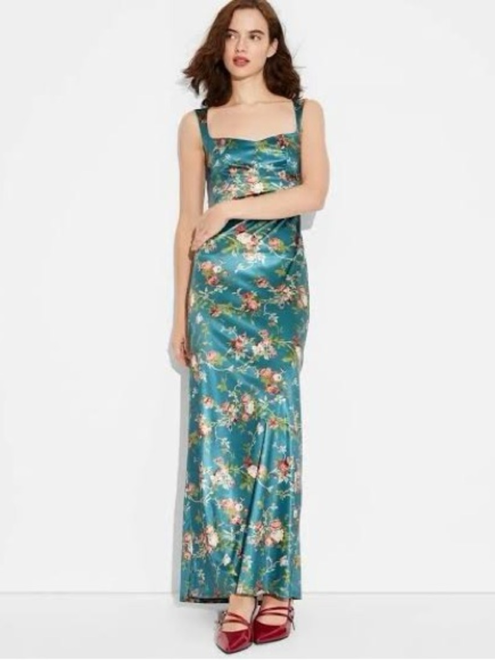 Teal Floral Satin Maxi Dress